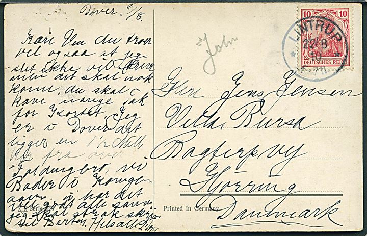 10 pfg. Germania på brevkort annulleret med enringsstempel Lintrup d. 22.8.1910 til Hjørring, Danmark.