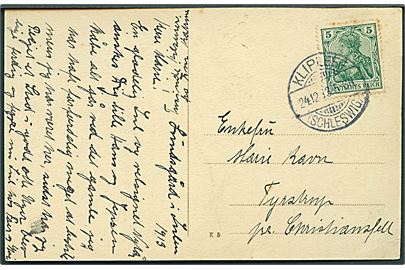 5 pfg. Germania på brevkort annulleret Kliplett (Schleswig) d. 24.12.1913 til Christiansfeld.