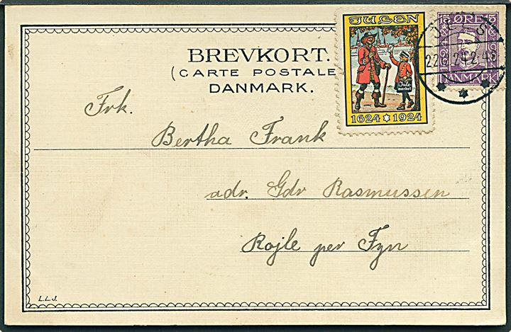 15 øre Chr. X postjubilæum og Julemærke 1924 på julekort annulleret med brotype IIb Jels d. 22.12.1924 til Røjle.