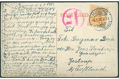 7½ pfg. Germania på brevkort fra Endrup stemplet Hvidding (Schleswig) d. 4.1.1917 til Gestrup pr. Toftlund. Rødt censurstempel Ü.-K. Tondern. 