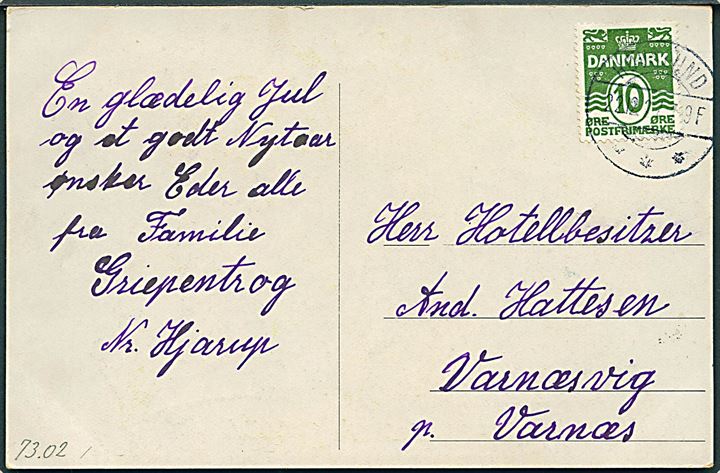 10 øre Bølgelinie på julekort annulleret brotype IIb Hovslund d. 22.12.1927 til Varnæs.