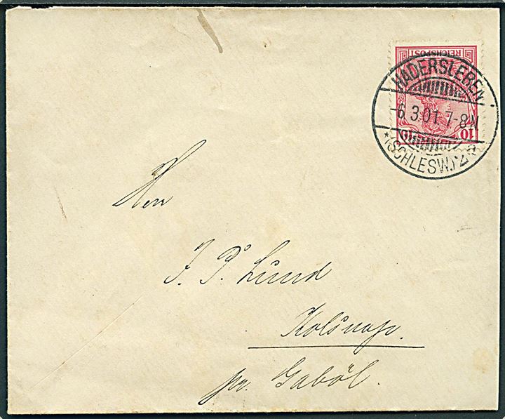 10 pfg. Germania Reichpost på brev stemplet Hadersleben *(Schlesw)2a d. 6.3.1901 til Gabøl.