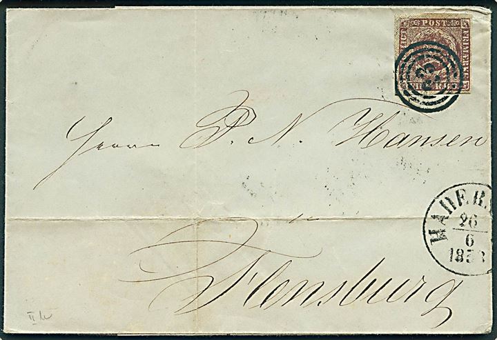 4 R.B.S. Thiele II på brev annulleret med nr.stempel 23 og sidestemplet antiqua Haderslev d. 26.6.1853 til Flensburg.