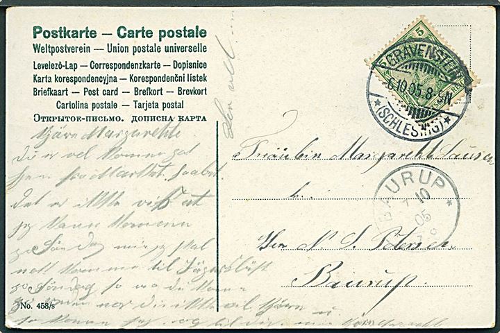 5 pfg. Germania Reichpost på brevkort stemplet Gravenstein *(Schleswig)* d. 6.10.1905 til Baurup. Ank.stemplet Baurup d. 7.10.1905.