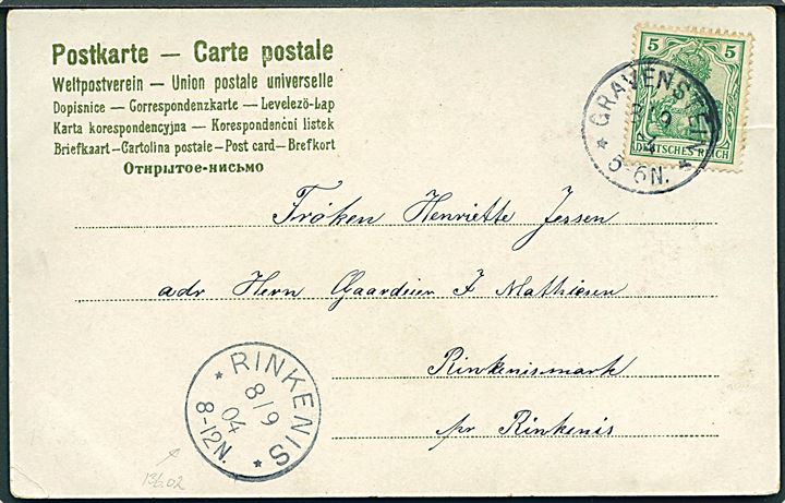 5 pfg. Germania på brevkort annulleret med enringsstempel Gravenstein ** d. 8.9.1904 til Rinkenæs. Ank.stemplet med enringsstempel (DAKA 136.02) Ringenis ** d. 8.9.1904.