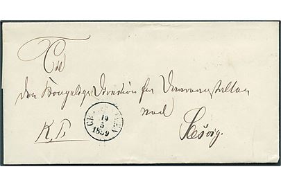 1859. Ufrankeret tjenestebrev mærket K.T. med antiqua Gravenstein d. 19.5.1859 via Flensburg til Slesvig.