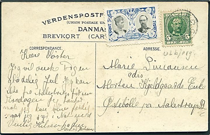 5 øre Fr. VIII og Julemærke 1907 på brevkort annulleret med svagt stjernestempel ULBJERG til Østebølle pr. Aalestrup St.