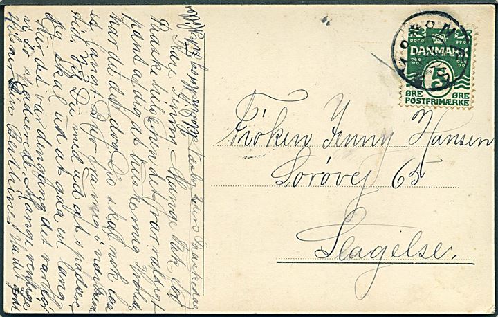 5 øre Bølgelinie på brevkort dateret 2den Paaskedag annulleret med stjernestempel NÆSBY til Slagelse.