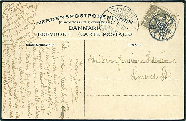 3 øre Bølgelinie på lokalt brevkort (Havneparti fra Vordingborg) annulleret med stjernestempel NYRAAD og sidestemplet bureau Masnedsund - Kallehave T.6 d. x.12.1906 til Stensved St.