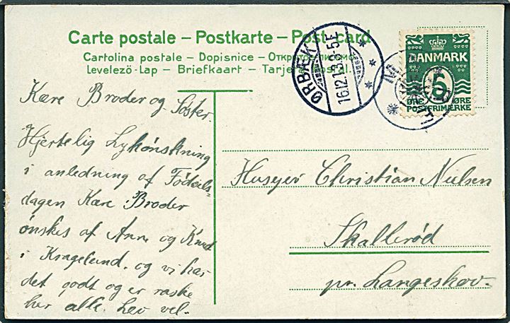 5 øre Bølgelinie på brevkort annulleret med stjernestempel MAARE og sidestemplet Ørbæk d. 16.12.1913 til Langeskov.