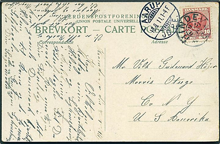10 øre Fr. VIII på brevkort annulleret med stjernestempel HINDEVAD og sidestemplet AArup JB.P.E. d. 13.9.1911 til New York, USA.