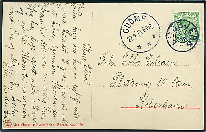 5 øre Chr. X på brevkort annulleret med stjernestempel GUDBJERG og sidestemplet brotype IIIb Gudme d. 22.4.1916 til København.