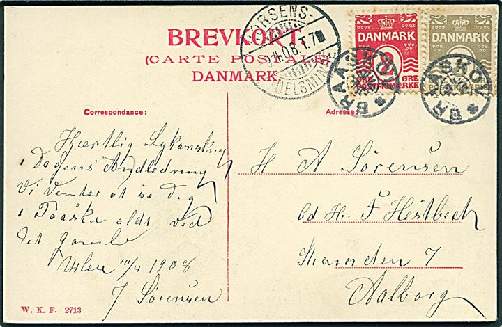 2 øre og 3 øre Bølgelinie på brevkort annulleret med stjernestempel BRAASKOV og sidestemplet bureau Horsens - Juelsminde T.7 d. 9.4.1908 til Aalborg.