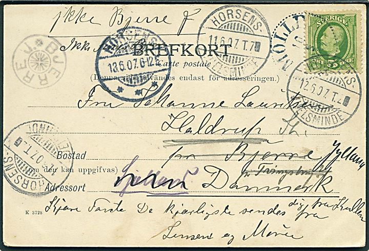 5 öre Oscar II på brevkort fra Mölle d. 10.6.1907 til Haldrup pr. Bjerne, Danmark. Forsøgt flere steder med påskrift ikke Bjerre J. og stjernestempel BJERRE J. og bureaustempler Horsens - Juelsminde og Dalmose - Skjelskør. 