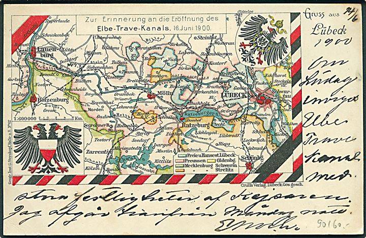 10 pfg. Reichpost Germania på brevkort (Åbning af Elbe-Trave Kanal d. 16.6.1900 med landkort) fra Lübeck annulleret med skibsstempel Fra Tydskland L. og sidestemplet Paquebot og Kjøbenhavn K. d. 15.6.1900 til Wexsö, Sverige.