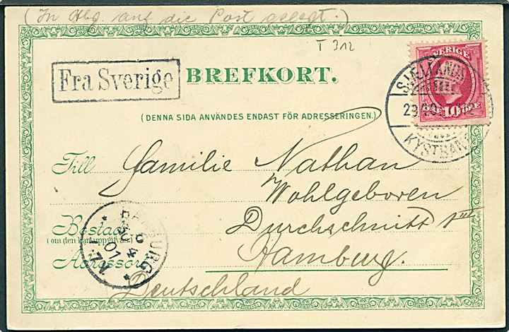 10 öre Oscar II på brevkort (Svensk handelsflag med unionsmærke) annulleret med dansk bureaustempel Sjællandske Kystbane T.412 d. 29.10.1904 og sidestemplet Fra Sverige til Hamburg, Tyskland.