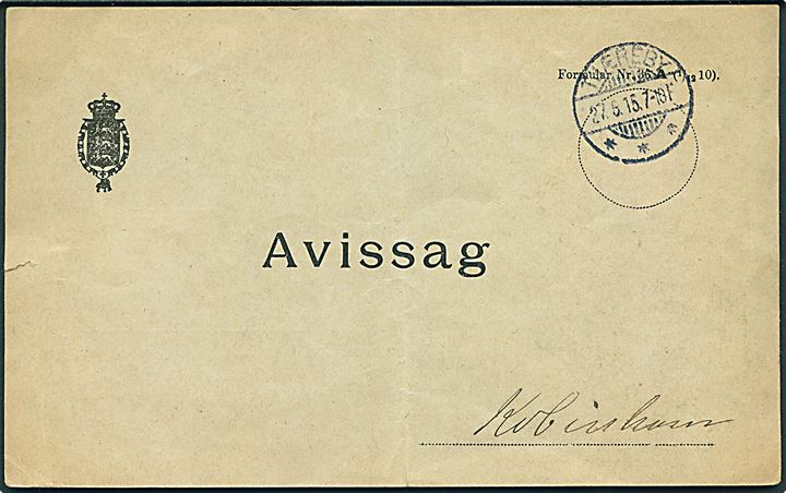 Avissag - formular Nr. 36A (1/12 10). - med brotype Ia Tjæreby d. 27.5.1915 til København.