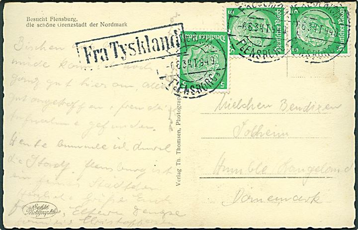 5 pfg. Hindenburg (3) på brevkort fra Flensburg annulleret med dansk bureaustempel Fredericia - Flensborg sn8 T.949 d. 6.6.1934 og rammestempel Fra Tyskland til Humble, Danmark.