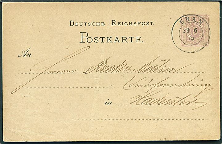 5 pfg. helsagsbrevkort annulleret med 2-ringsstempel Gram d. 29.6.1875 til Haderslev.
