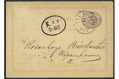 6 öre helsagsbrevkort annulleret med antiqua skibsstempel Fra Sverige d. 2.9.1877 til København.