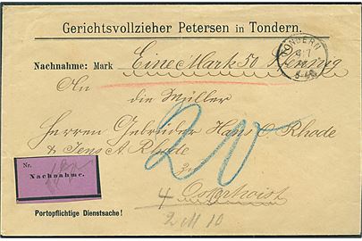 Ufrankeret Portopflichtige Dienstsache med efterkrav stemplet Tondern ** d. 9.7.1891 til Osterhoist. Ank.stemplet Osterhoist d. 10.7.1891 på bagsiden.