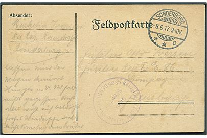 Ufrankeret feltpostkort stemplet Sonderburg **c d. 8.6.1917 til Flensburg. Briefstempel: Königliches GarnisonsLazarett * Sonderburg *.