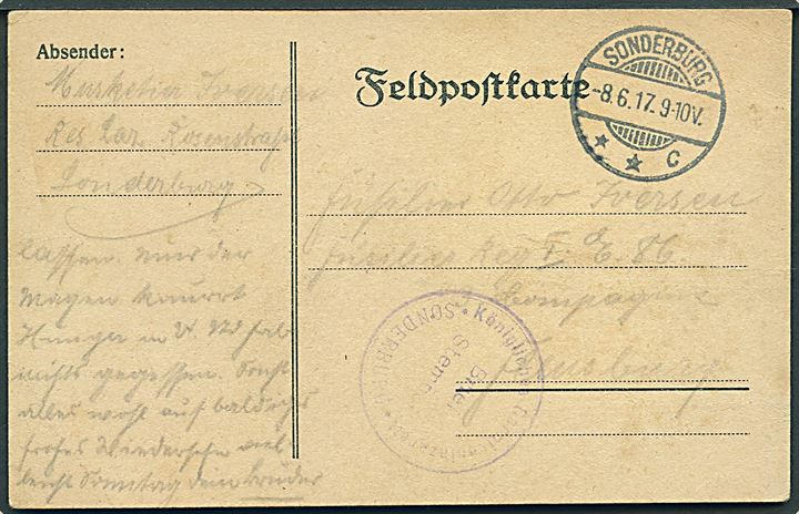 Ufrankeret feltpostkort stemplet Sonderburg **c d. 8.6.1917 til Flensburg. Briefstempel: Königliches GarnisonsLazarett * Sonderburg *.
