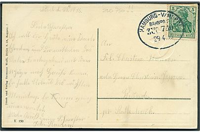 5 pfg. Germania på brevkort dateret Nübel annulleret med bureaustempel Hamburg - Vamdrup Bahnpost Zug 750 d. 29.4.1915 til Røde Kro.
