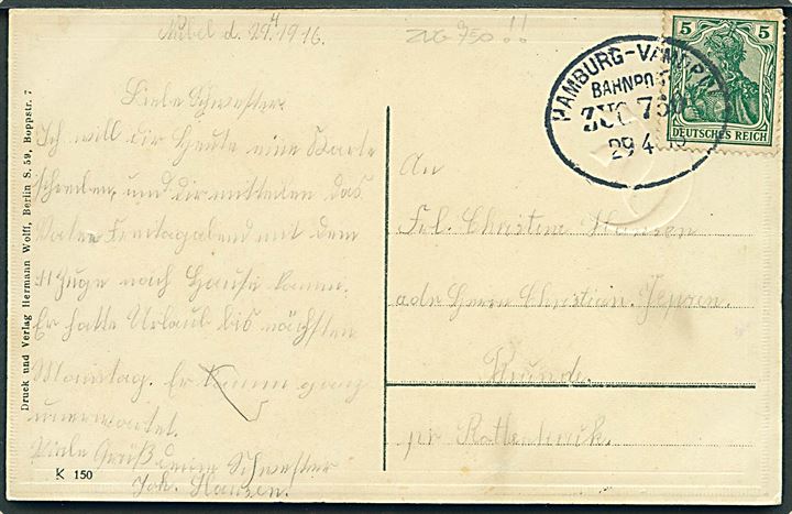5 pfg. Germania på brevkort dateret Nübel annulleret med bureaustempel Hamburg - Vamdrup Bahnpost Zug 750 d. 29.4.1915 til Røde Kro.