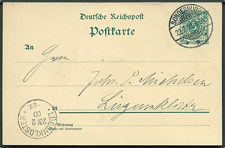 5 pfg. helsagsbrevkort stemplet Sonderburg *** d. 22.2.1900 til Lügumkloster. Ank.stemplet d. 23.2.1900.
