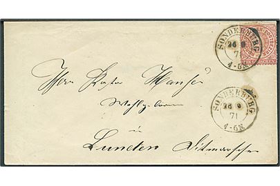Norddeustcher Postbezirk 1 gr. på brev annulleret med 2-ringsstempel Sonderburg d. 26.9.1871 til Lunden, Dithmarschen. Sendt fra Johann Ludvig Stöckler, fotograf i Sønderborg 1855-98. Takningsmangler.