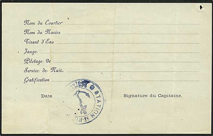 Fransk 10 c. stempelmærke på kvittering for lodsafgift for skibet H.C.Grube fra Pauillac til Bordeaux d. 26.6.1909. Fransk lodsstation stempel