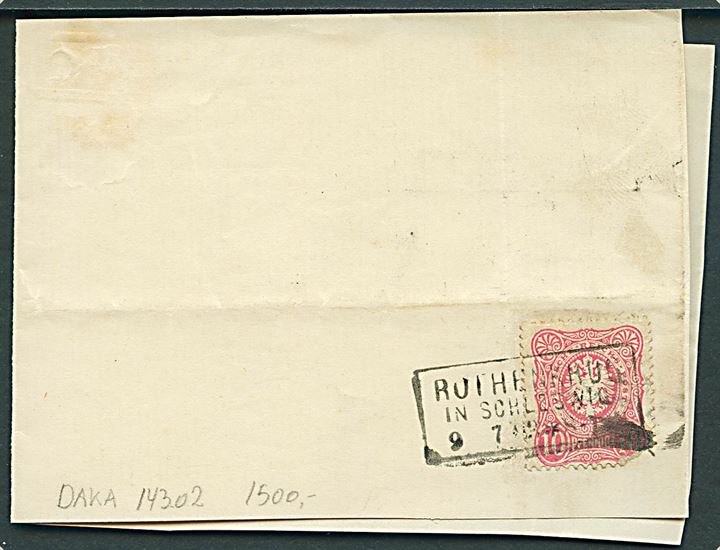10 pfg. Adler (defekt) på stort brevstykke annulleret med rammestempel Rothenkrug in Schleswig d. 9.7.1883. På bagsiden ank.stemplet Apenrade d. 10.7.1883. Daka 1500,- for brev.