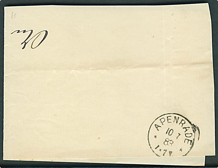 10 pfg. Adler (defekt) på stort brevstykke annulleret med rammestempel Rothenkrug in Schleswig d. 9.7.1883. På bagsiden ank.stemplet Apenrade d. 10.7.1883. Daka 1500,- for brev.