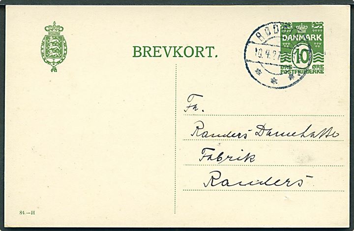 10 øre helsagsbrevkort (fabr. 84-H) annulleret med brotype IIb Rødding sn1 d. 10.4.1927 til Randers.