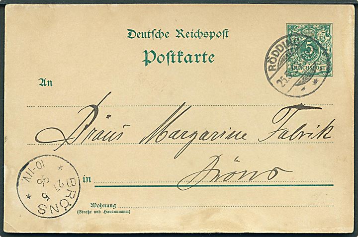 5 pfg. helsagsbrevkort stemplet Rödding *** d. 26.5.1896 til Bröns.