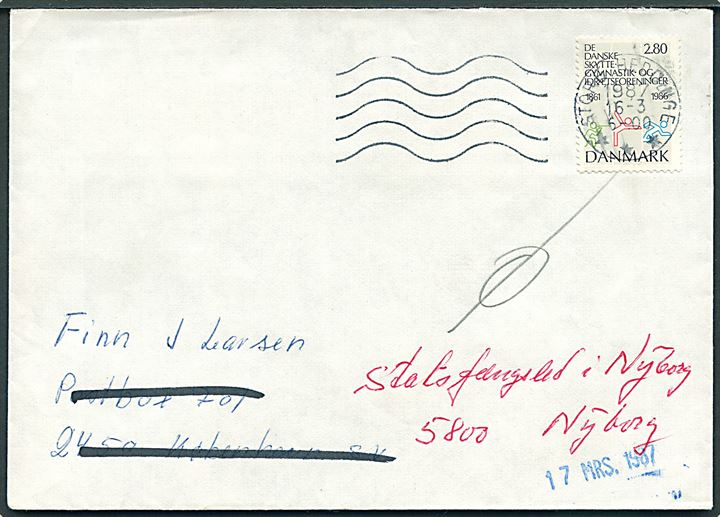 2,80 kr. DSGI 125 år på brev fra Store Heddinge d. 16.3.1987 til indsat i Vestre Fængsel, Postboks 701, København SV - eftersendt til Statsfængslet i Nyborg.