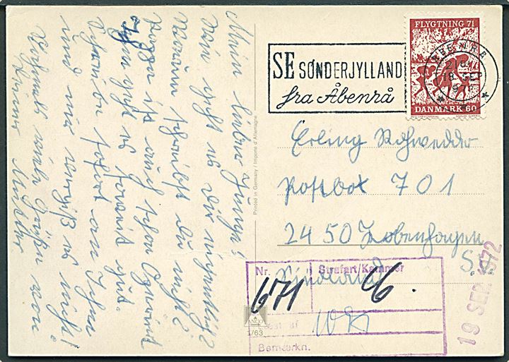 60 øre Flygtning 71 på brevkort til indsat i Vestre Fængsel, postbox 701, København SV. Violet censurstempel.