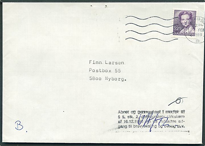 3,20 kr. Margrethe på brev fra Horsens B. d. 26.2.1989 til indsat i Statsfængslet i Nyborg, Postbox 55, Nyborg. Sort fængselscensur-stempel.