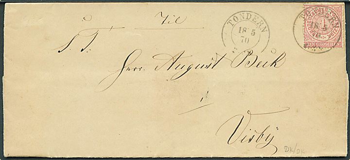 Norddeutscher Postbezirk 1 gr. på brev med indhold dateret Winum d. 17.5.1870 og annulleret med 2-ringsstempel Tondern d. 18.5.1870 til Visby. Fuldt indhold. 