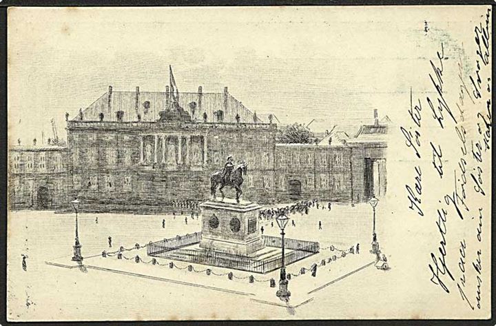Norsk 5 øre Posthorn på brevkort (Amalienborg Slotsplads) stemplet Kjøbenhavn d. 22.12.1901.