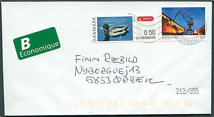 5,50 kr. Norden ved Havet og 0,50 kr. Gråand frankeringsetiket på B-brev stemplet Sydjyllands Postcenter 2013 til Ørbæk.