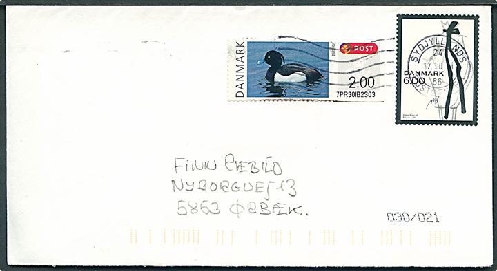 6 kr. Mode og 2 kr. Troldand frankeringsetiket på brev stemplet Sydjyllands Postcenter d. 17.10.2011 til Ørbæk.