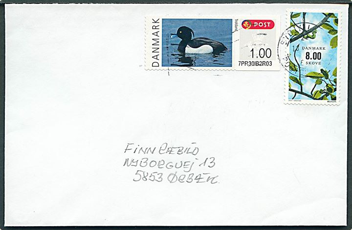 8 kr. Europa udg. og 1 kr. Troldand frankeringsetiket på brev stemplet Sydjyllands Postcenter 2011 til Ørbæk.
