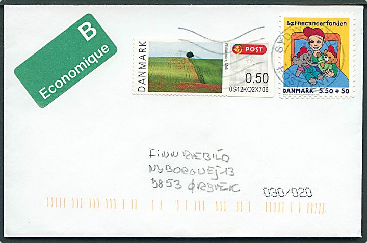 5,50+0,50 kr. Børnecanserfonden og 50 øre Valmuemark frankeringsetiket på B-brev stemplet Sydjyllands Postcenter d. 9.2.2011 til Ørbæk.