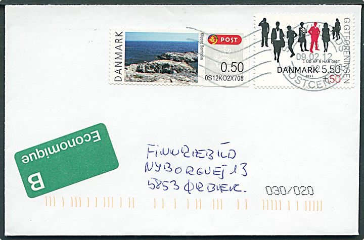 5,50+0,50 kr. Gigtfonden og 0,50 kr. Klipper frankeringsetiket på B-brev stemplet Sydjyllands Postcenter d. 9.2.2012 til Ørbæk.