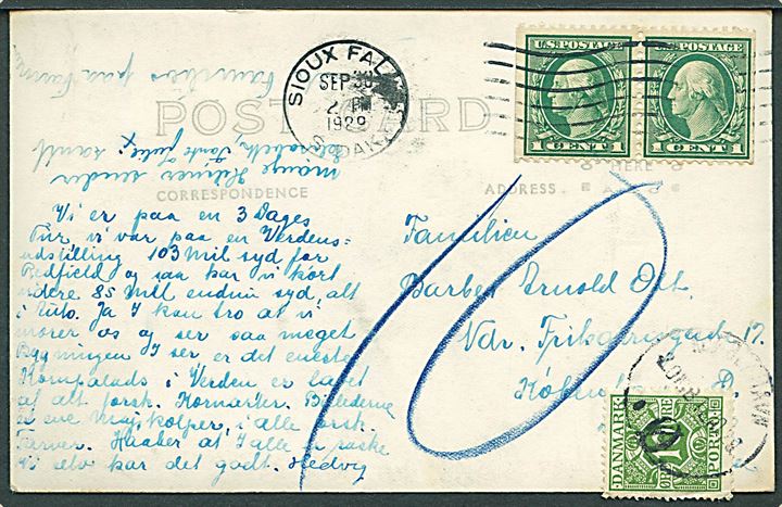 1 cent Washington i parstykke på brevkort (Corn Palace 1929) sendt underfrankeret fra Sioux Fall d. 30.9.1929 til København, Danmark. Udtakseret i porto med 10 øre Portomærke stemplet Kjøbenhavn.