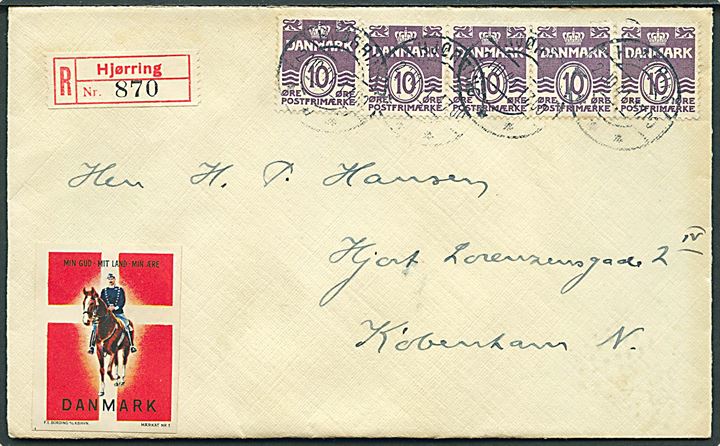 10 øre Bølgelinie (5) på anbefalet brev fra Hjørring d. 21.10.1941 til København.