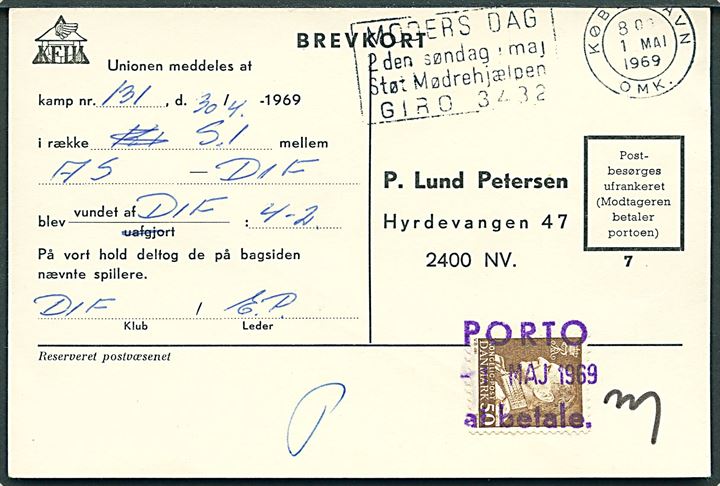 Ufrankeret svarbrevkort sendt lokalt i København d. 1.5.1969. Udtakseret i enkeltporto med 50 øre Fr. IX  annulleret: Porto at betale d. 1.5.1969.