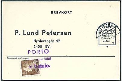 Ufrankeret svarbrevkort fra Hellerup d. 24.6.1969 til København. Udtakseret i enkeltporto med 50 øre Fr. IX  annulleret: Porto at betale d. 25.6.1969.